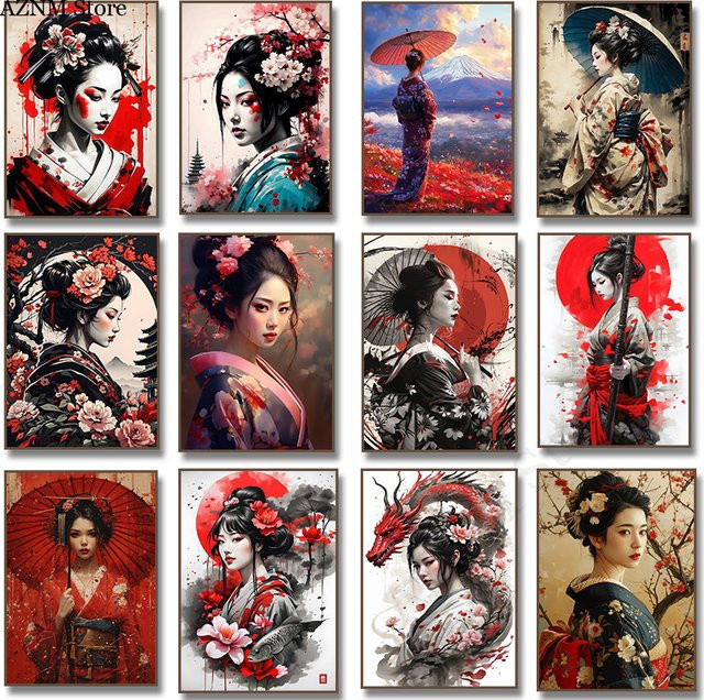 Potdemiel Leinwandgemälde Japanische Geisha mit Regenschirm und Blumen in Mehrfarbig, Modernes Wandbild als Wandkunst für dein Wohnzimmer - Bild 1