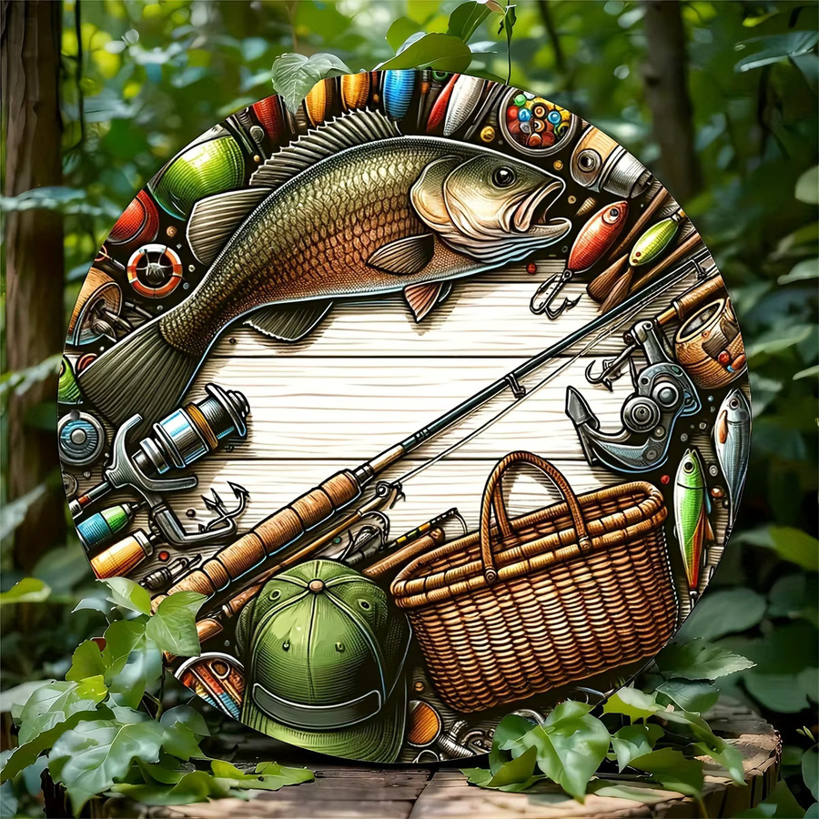 Runde Metall-Wandkunst von Potdemiel mit Barsch-Illustration und Angelausrüstung, dekoratives Aluminiumschild in Mehrfarbig, Durchmesser: 20 cm - Bild 3