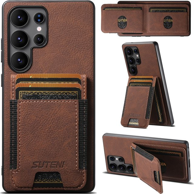 SUTENI Luxus Kunstleder Handyhülle mit Kartenhalter und Frosted Feel für Samsung Galaxy S26 Ultra S25 Plus S24 S23 S22 Note20 in Braun - Bild 1