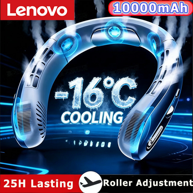 Lenovo AirCooling Halsventilator Blau mit LED-Digitalanzeige und 10000mAh Akku, tragbarer blattloser USB-Ventilator - Bild 1
