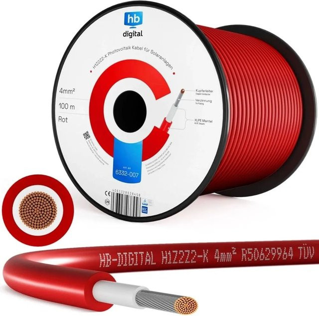 hb-digital Solarkabel 4 mm² H1Z2Z2-K TÜV zertifiziertes Photovoltaik Kabel für PV Anlagen, 100 m, Rot - Bild 1