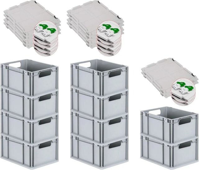PROREGAL Spar Set 10x Eurobox Nextgen Economy mit Scharnierdeckel und grünen Schiebeschnappverschlüssen, Grau, H x B x T: 22 x 30 x 40 cm - Bild 1