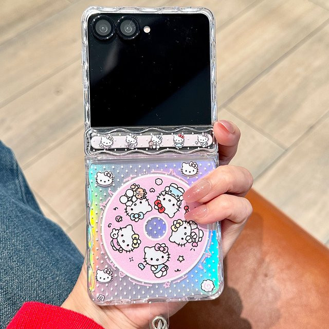 Sanrio Hello Kitty Musik-CD Handyhülle für Samsung Galaxy Z Flip 7 mit gewelltem Rand und Trageschlaufe, Multicolour - Bild 1
