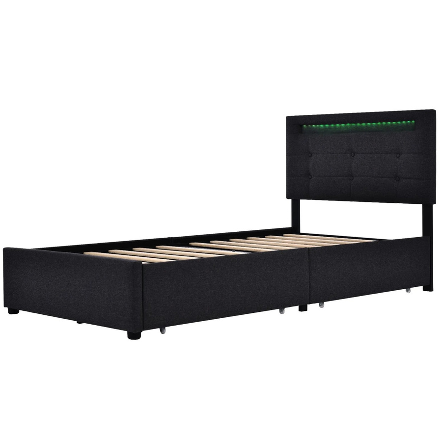 okwish Polsterbett mit LED-Beleuchtung und Schubladen in Schwarz für Kinderzimmer und Schlafzimmer, B/T/H: 90 x 200 x 100,5 cm - Bild 2