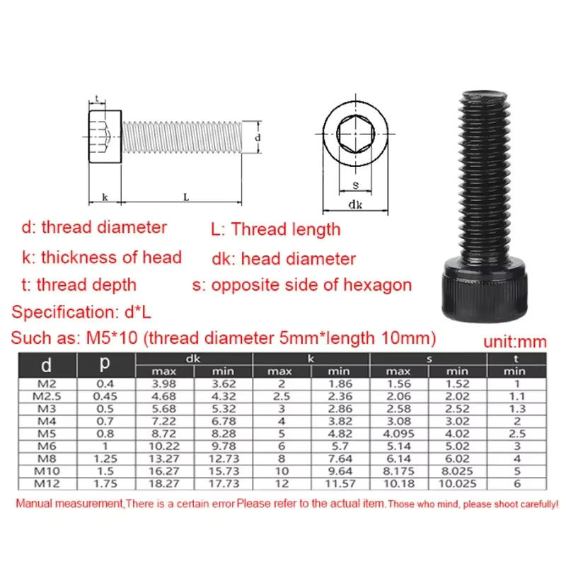 YMAX Schraubenset mit Innensechskantschrauben, Muttern und Unterlegscheiben aus Kohlenstoffstahl Güteklasse 12.9 in Schwarz, M2 bis M6 - Bild 6