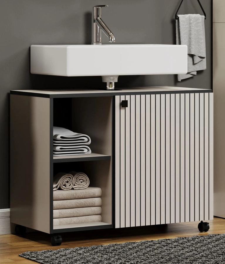 Waschbeckenunterschrank Feliz in Kaschmir und Grau, modern mit Regalfach und Türen, B/T/H: 80 x 42 x 64 cm - Bild 1
