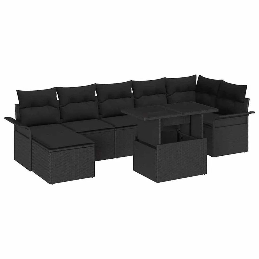 vidaXL Garten-Sofa-Set aus Poly Rattan in Schwarz, 8-teiliges Set mit Kissen und Tisch im modernen Design - Bild 2
