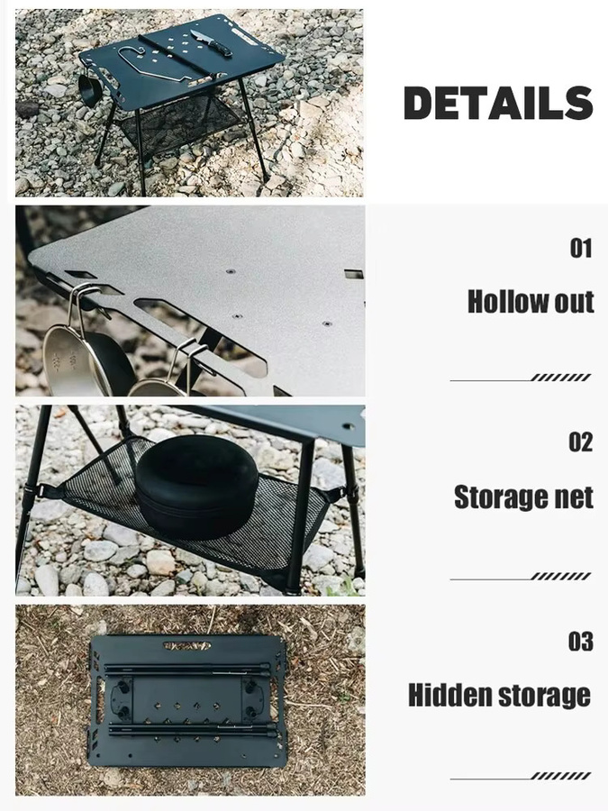 Wettune Taktischer Campingtisch aus Aluminiumlegierung mit Zubehör, klappbarer Multifunktionstisch für Outdoor und Garten, Schwarz Matt - Bild 5