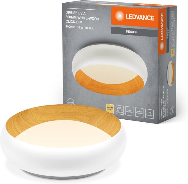 LEDVANCE ORBIS Livia LED-Deckenleuchte mit Metallring, weiß/Holzdekor, 16W, 750lm, 3000K, Durchmesser: 30 cm, dimmbar, Warmweiß - Bild 1