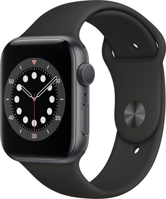 Apple Watch Series 6 GPS, 44mm Aluminiumgehäuse in Space Grau mit schwarzem Sportarmband - Bild 1