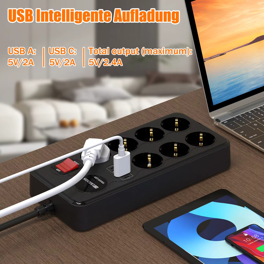 HITRENDS 11-in-1 Multifunktionssteckdosenleiste mit 7 AC-Steckplätzen und 4 USB-Schnellladeanschlüssen, Schwarz, 1,8 m Kabel mit Touch-LED und Sicherheitsschutz - Bild 5
