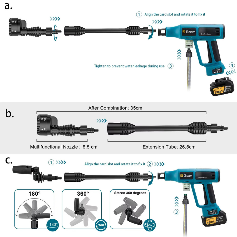 G Nadal 6in1 Hochdruck-Autowaschpistole mit 250 Bar und bürstenlosem Motor, elektrische Wasserwaschspritzpistole in Blau für Makita 18V LXT Akku - Bild 4