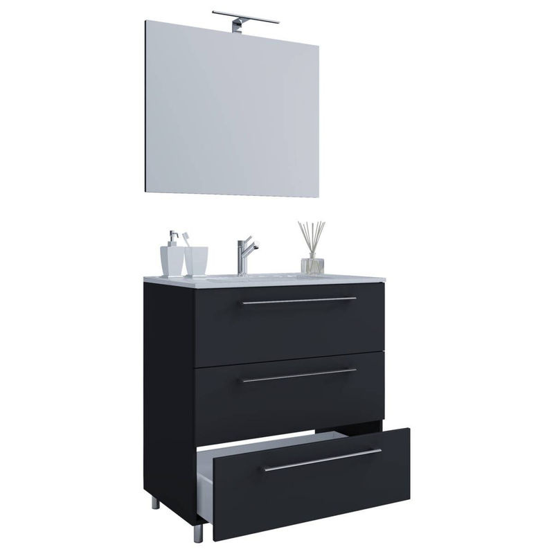 VCM Badmöbel Set 3-tlg. Waschplatz mit Waschtisch aus Keramik, Unterschrank mit drei Schubladen und Spiegel, Schwarz, B/H/T: 60 x 86 x 46 cm - Bild 2