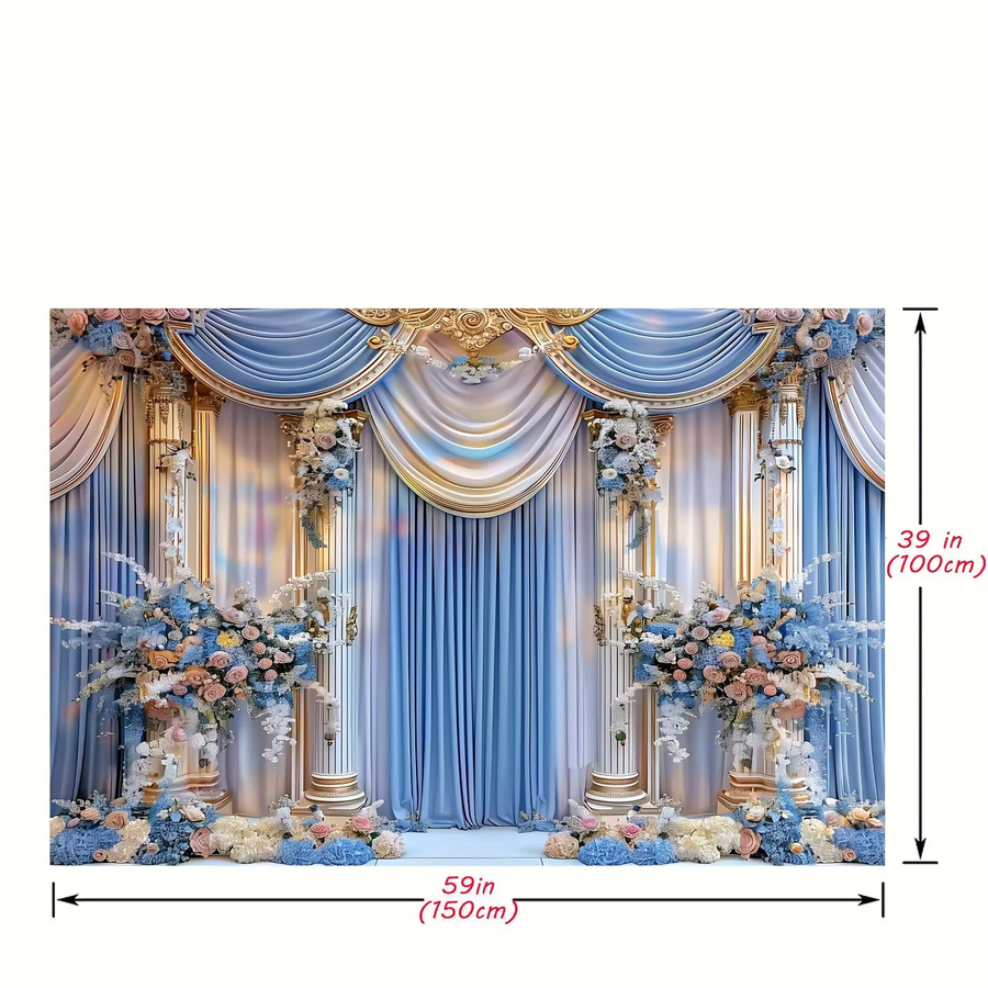 VIKAMA Hochzeits-Hintergrunddekoration aus Textil mit floralem Blumenmuster in Mehrfarbig und Blau - Bild 2