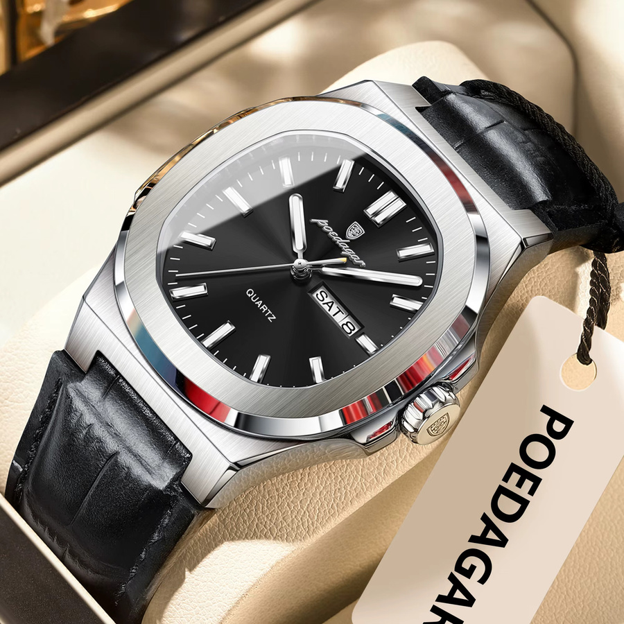POEDAGAR Armbanduhr, Quarz, Leder, Schwarz, Silber, Herren - Bild 2