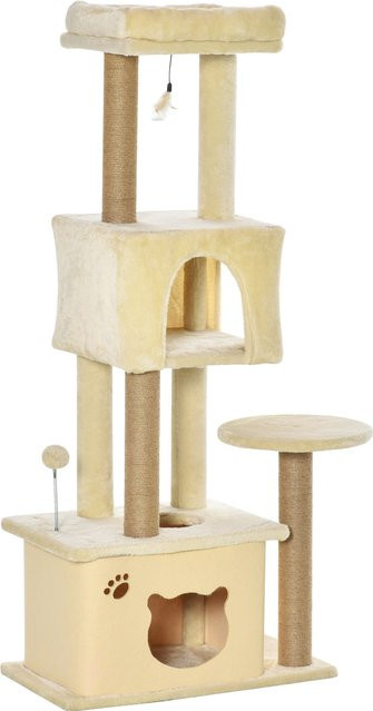 PawHut Katzenbaum für Erwachsene in Beige mit 2 Häuschen, Jutapfosten und Spielbällen, H x B x T: 136 x 60 x 34 cm - Bild 1
