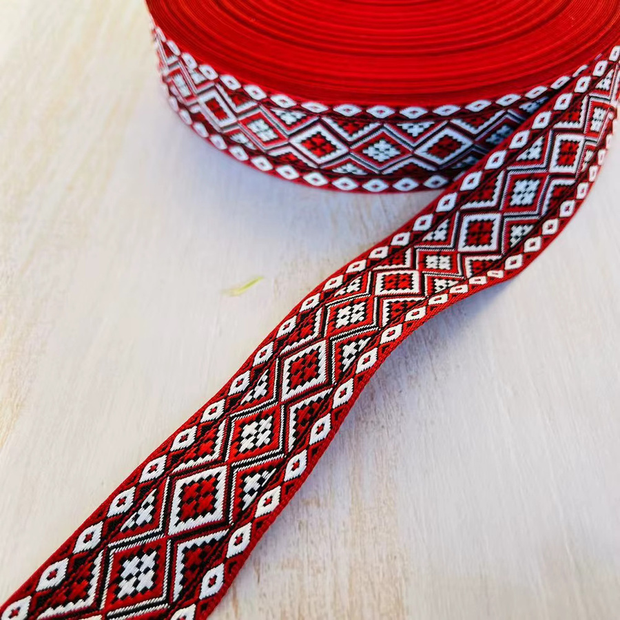 Jacquard-Band mit rotem geometrischem Muster, Breite: 3,3 cm, 40 m pro Rolle, IS-3292 - Bild 2