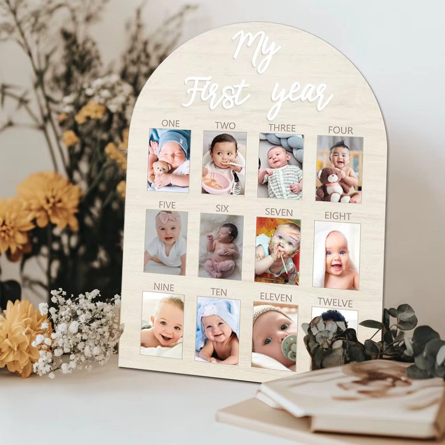 Meilensteinbrett Mein erstes Jahr Fotodisplay aus Holz in Beige und Braun für Baby Fotos und Geburtstage - Bild 2