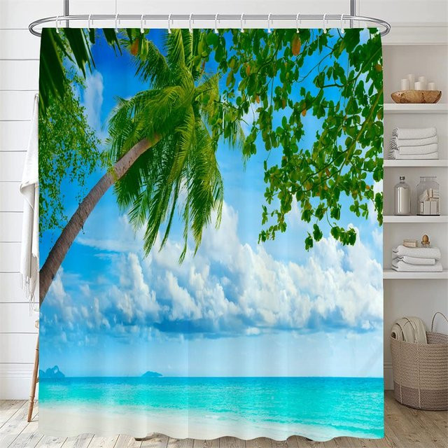 Wasserfester Duschvorhang mit 3D Strand Landschaft Design von Baifenbai Home Furnishing in Blau, B/H: 180 x 240 cm - Bild 1