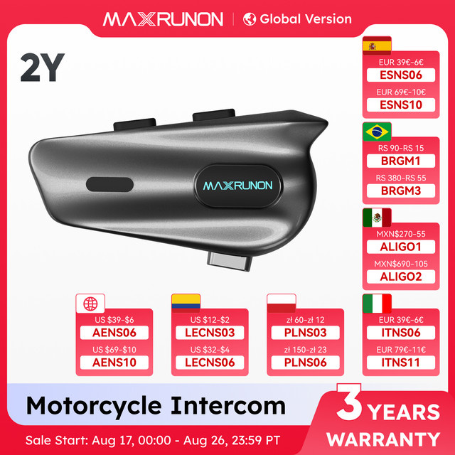 MAXRUNON 2Y Motorrad Bluetooth Intercom für 2 Fahrer, Helm-Headset mit BT5.3, Multi-Audio und FM-Radio, Schwarz - Bild 1