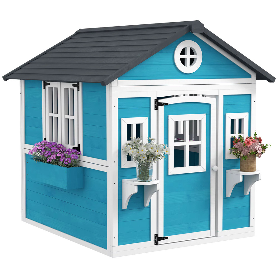 Outsunny Kinderspielhaus aus Tannenholz mit Fenster, Blumenregal, Pflanzenkasten und Tür, B/T/H: 126,4 x 114 x 135 cm, Blau - Bild 2