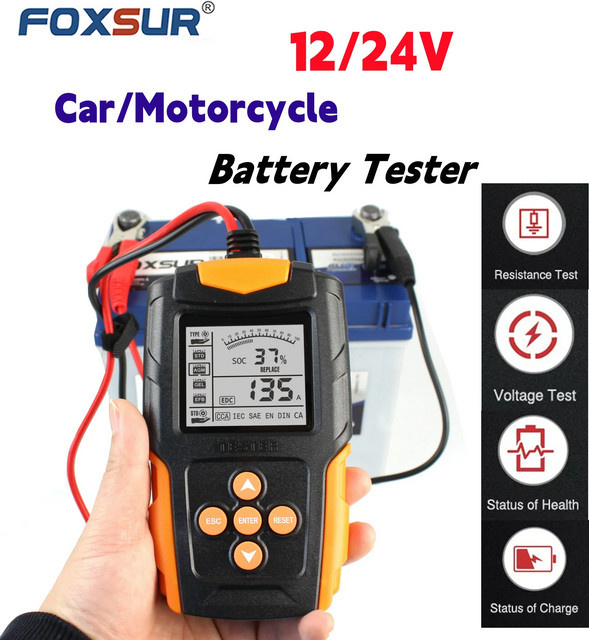 FOXSUR Autobatterietester 12V 24V Digitaler Batterieanalysator für VRLA, GEL, AGM, EFB, STD und Flooded Batterien in Schwarz für Auto, LKW, Motorrad und Boot - Bild 1