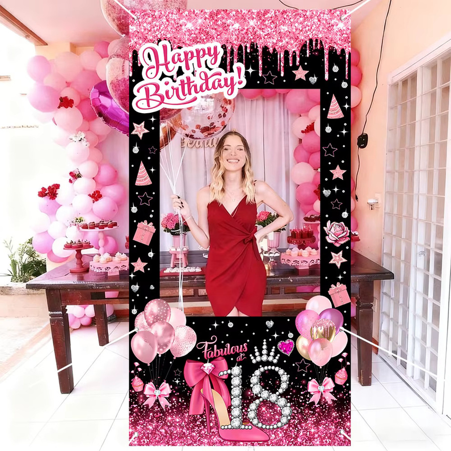 AFYPRTY Fotobox-Hintergrund Rosa Glitzer High Heel aus Polyestergewebe für deinen 18. Geburtstag, Breite: 60 cm, Höhe: 60 cm - Bild 2