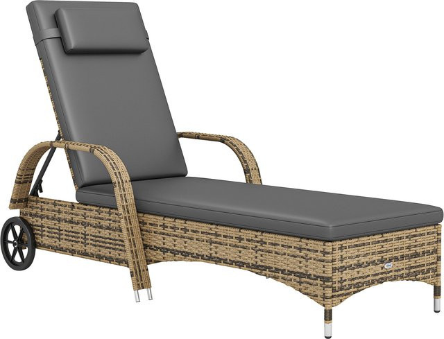 Outsunny Sonnenliege aus Polyrattan in Gelb mit Matratze, verstellbarer Kopfstütze, Armlehnen und Rollen - Bild 1