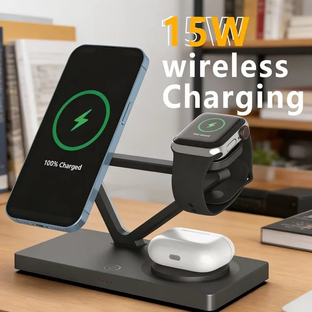 TIMESS 3-in-1 Drahtlose Ladestation mit 15 W Schnellladung für iPhone, Apple Watch und AirPods - Bild 1