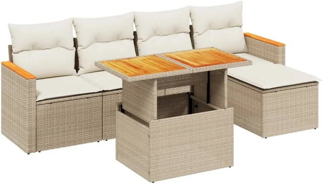 vidaXL 6-teilige Garten-Sofagarnitur aus Poly-Rattan und Akazienholz in Beige-Creme mit Kissen - Bild 1