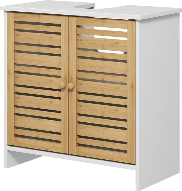 HOMCOM Waschtischunterschrank Badezimmer aus Bambus und MDF mit 2 Türen und verstellbarem Regal, Farbe: Natur und Weiß, B/T/H: 60 x 30 x 60 cm - Bild 1