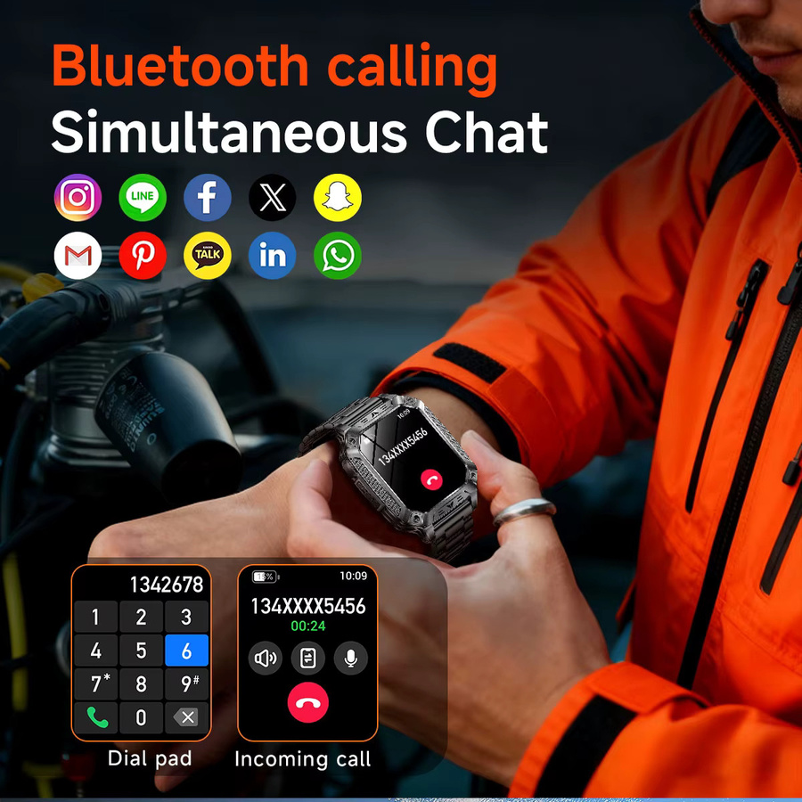 GUHUAVMI Militär Outdoor Smartwatch für Männer mit 2,01 Zoll Display, 1400 mAh Akku, 10ATM Wasserdichtigkeit und Bluetooth Anruffunktion, Schwarz - Bild 6