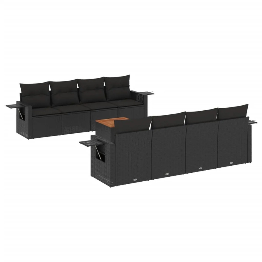 vidaXL 9-tlg. Garten-Sofagarnitur aus Polyrattan und Akazienholz in Schwarz mit Sitzkissen und Stauraum - Bild 2