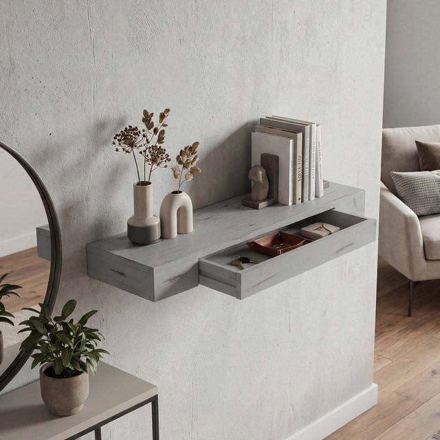 Wandregal Cher von MCW in Grau im Shabby-Chic-Design mit Schublade, Breite: 80 cm - Bild 1
