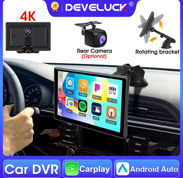 Develuck 10,1 Zoll 4K Dash Cam mit Carplay, Android Auto und GPS Navigation, schwarzer Auto DVR Recorder mit drehbarer Halterung und Backup-Kamera - Bild 1