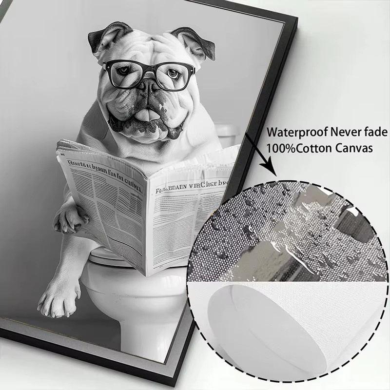 Potdemiel Wandbild Leinwandgemälde mit schwarz-weißer französischer Bulldogge auf der Toilette als Badezimmerdekoration - Bild 3