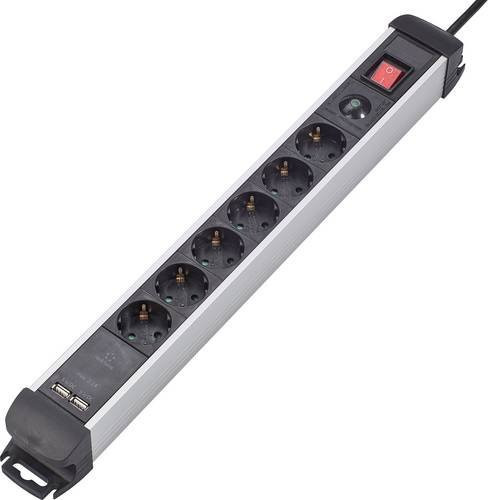 Renkforce 815A-CMB-SUSB Steckdosenleiste mit Schalter 6-fach in Schwarz und Silber mit USB-A und USB-C Anschlüssen - Bild 1