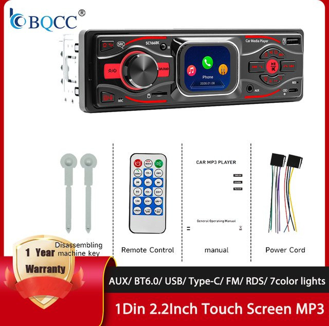 BQCC MP3 Autoradio mit 2,2 Zoll Touchscreen, Bluetooth, FM-Empfänger, 60W*4, AUX, USB, TF-Karte und farbiger Beleuchtung in Schwarz - Bild 1
