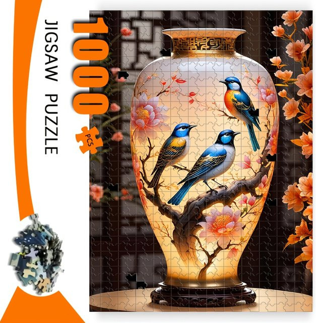 AZNM Chinesische Blumenvase mit blauen Vögeln und Blüten, Puzzlespiel, 1.000 Teile - Bild 1