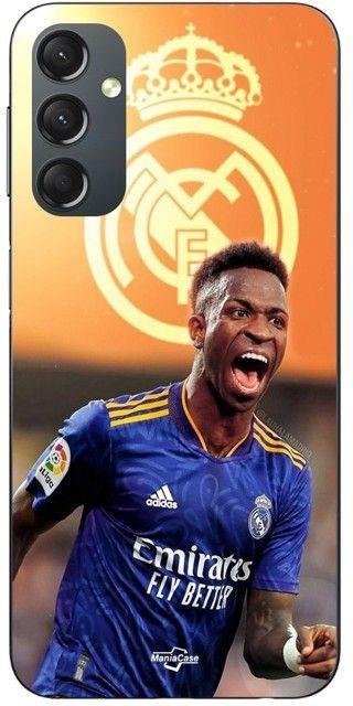 Maniacase Handyhülle für Samsung Galaxy A24 mit Vini JR Wallpaper Real Madrid Design in Blau und Gelb - Bild 1