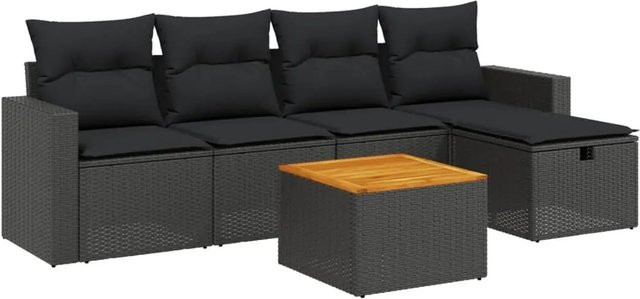 vidaXL 6-tlg Garten-Sofagarnitur aus Poly-Rattan und Akazienholz in Schwarz mit Kissen Modell 192 - Bild 1