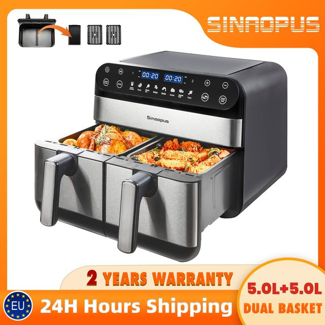 Sinaopus Doppelkorb Heißluftfritteuse mit 10 Litern Volumen, 2400 W, Dual Zone Technologie, LED-Touch-Steuerung, Schwarz - Bild 1