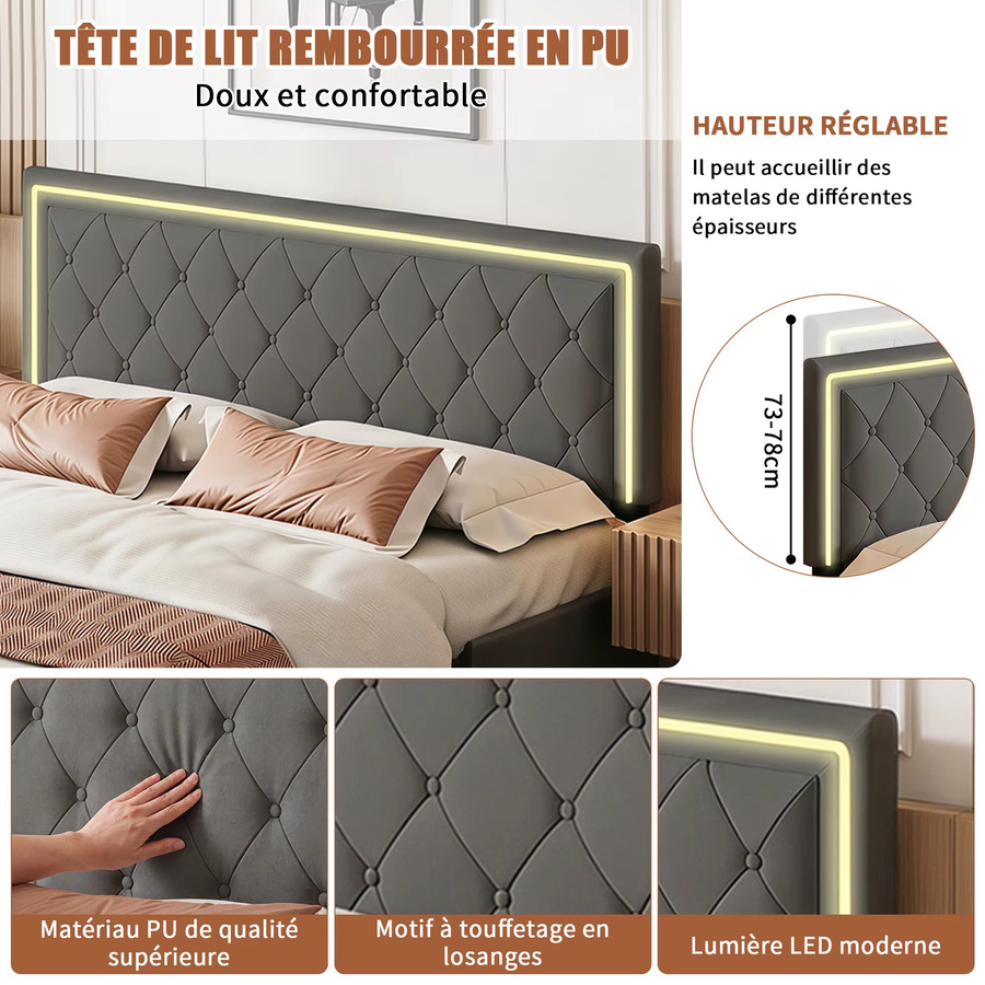 HYNHXBP Gepolstertes Plattformbettgestell mit 4 Schubladen und diamantgestepptem Kopfteil in Grau, B/T/H: 140 x 200 cm - Bild 7