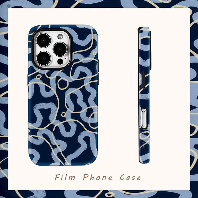 Potdemiel Handyhülle Navy Waves in Gold und Blau für iPhone 17AIR 16E 16 15 14 13 12 11 Pro Max Plus mit doppelschichtiger Rückseite - Bild 1