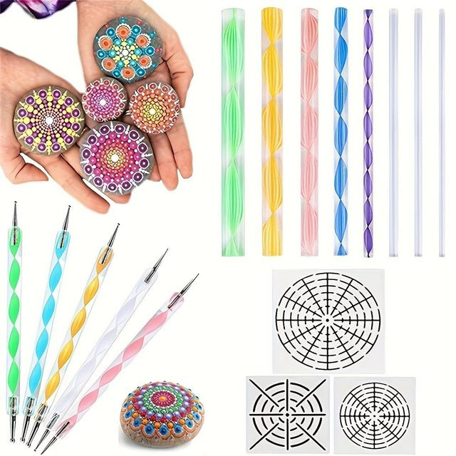 SZwatch 16-teiliges Mandala Punktierwerkzeug-Set aus Kunststoff in Beige und Multicolour für Felsenmalerei und Keramikkunst mit Acrylstäben, Schablonen und Farbpalette - Bild 1