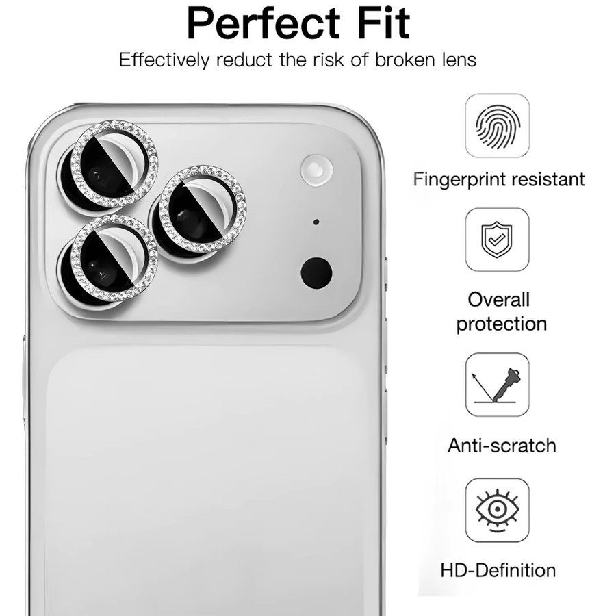 Apple Kameraobjektiv Schutzabdeckung und Display Schutzfolien Set mit Bling Diamant Design für iPhone 17 Pro Max, 16, 15 und 14 Pro Max in Silber - Bild 3