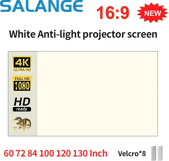 Salange Projektor-Leinwand mit weißem Gitter und Anti-Licht-Vorhang, 16:9 Format, 100 oder 130 Zoll, 4K-HD Stofftuch für Beamer in Weiß - Bild 1