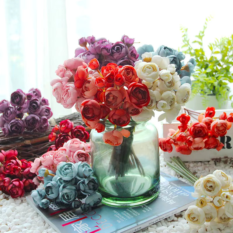 YO CHO Künstlicher Seidenblumenstrauß mit Teerosen und Lotus in Rot und Multicolour, 6 Stück - Bild 1