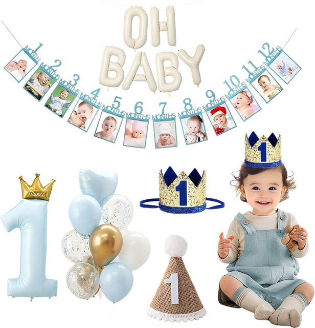 Geburtstagsdekorations-Set für den 1. Geburtstag von Jungen und Mädchen mit Partyhüten, Banner, Zahlenballons und Foto-Requisiten - Bild 1