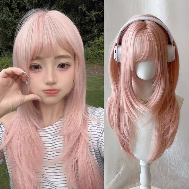 MEISU Perücke, synthetisch, gerade, Air Bangs, Rosa, Damen - Bild 1